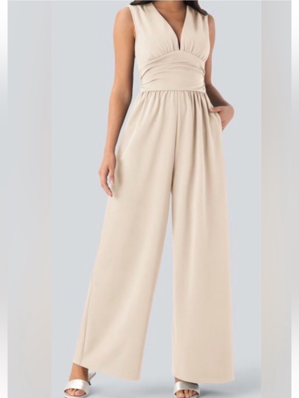 HALARA Cream V-Neck Sleeveless Jumpsuit Size Large
